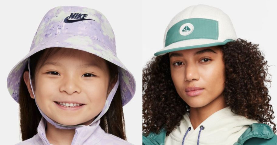 a kid and a woman wearing nike hats