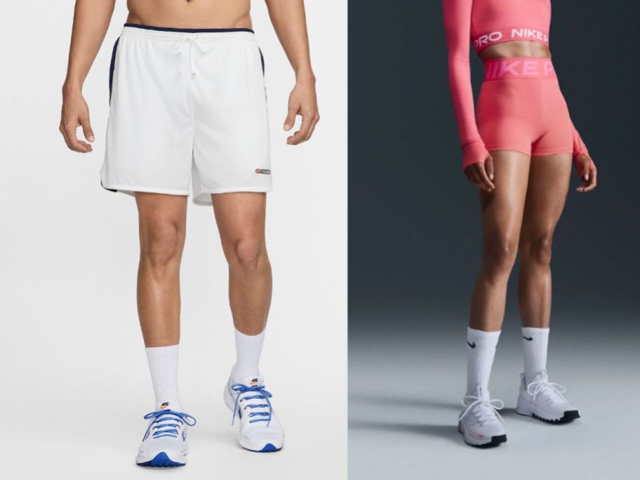 two people wearing nike shorts