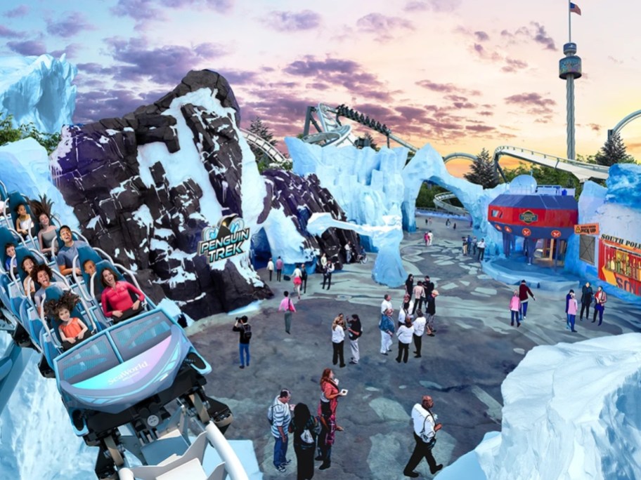 image of SeaWorld Penguin Trek area with people riding a roller coaster, people checking out exhibits