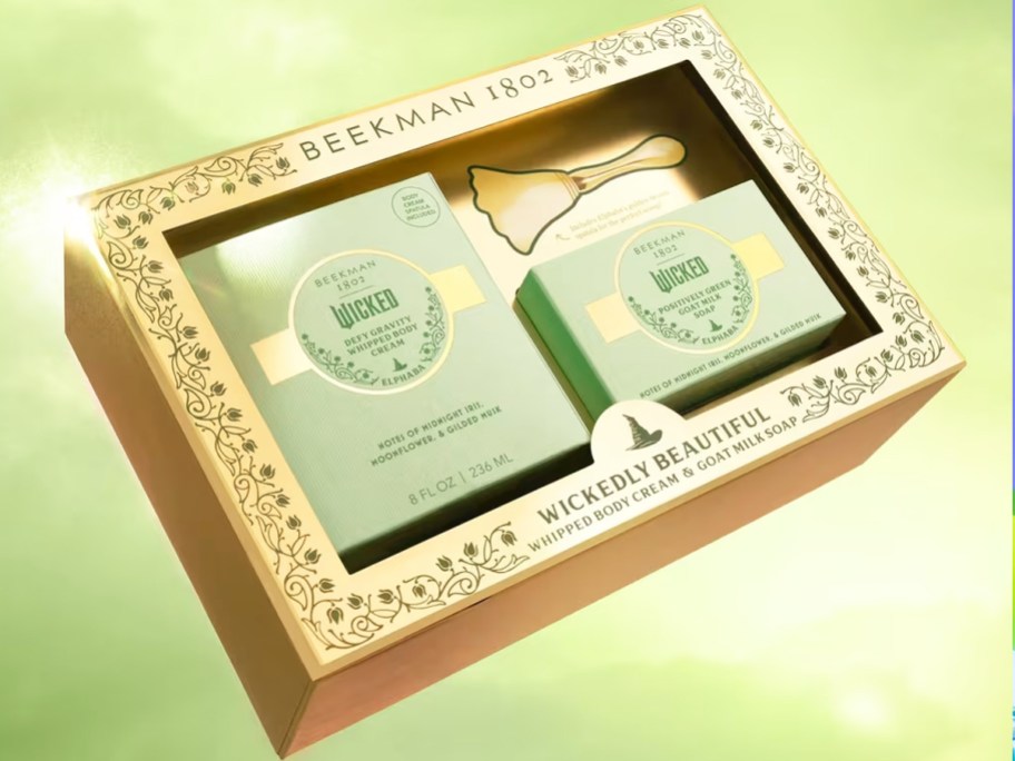 Beekman 1802 x Wicked Wickedly Beautiful Body Care Gift Set in a yellow box on a green background