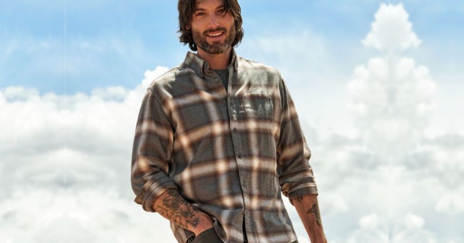 Man wearing an eddie bauer flannel