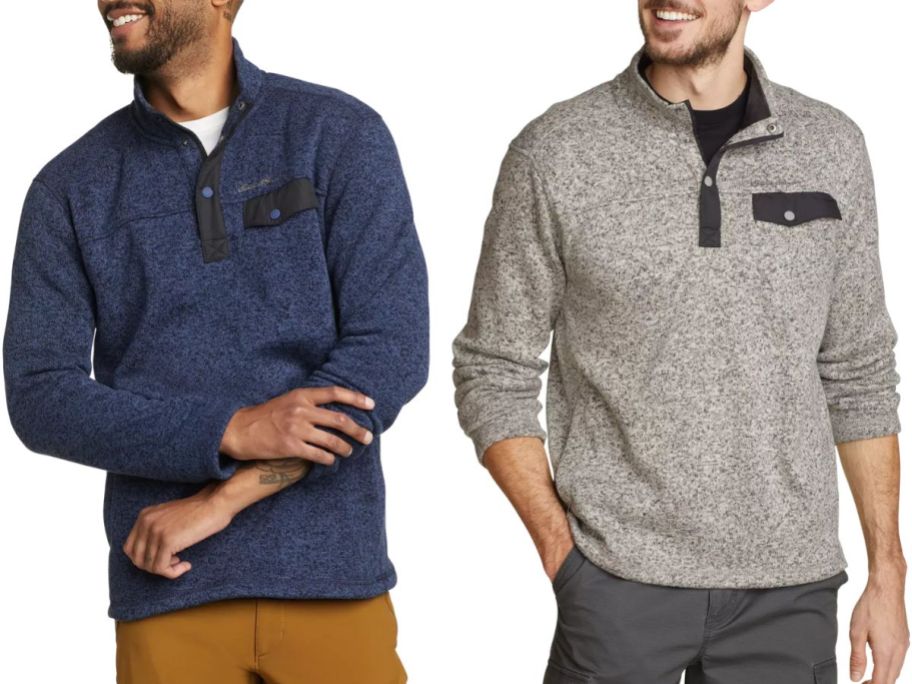 stock images of two men wearing Eddie Bauer Men's Convector Snap Mock Sweaters