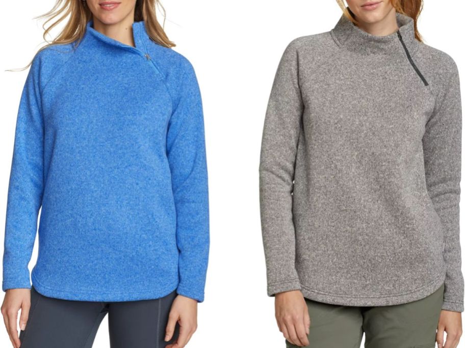 Stock images of two women wearing Eddie Bauer Women's Radiator Asymmetrical Zip Pullover s