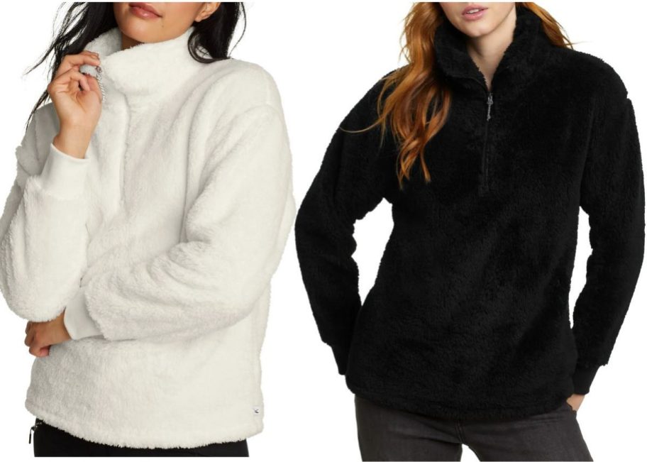 Stock images of two women wearing Eddie Bauer Women's Quest Plush 1/4-Zip Fleece 