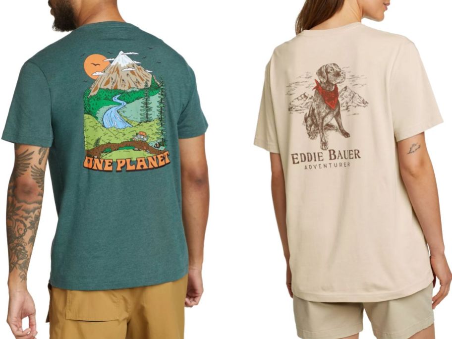 stock images of a man and a woman wearin eddie bauer graphic tees