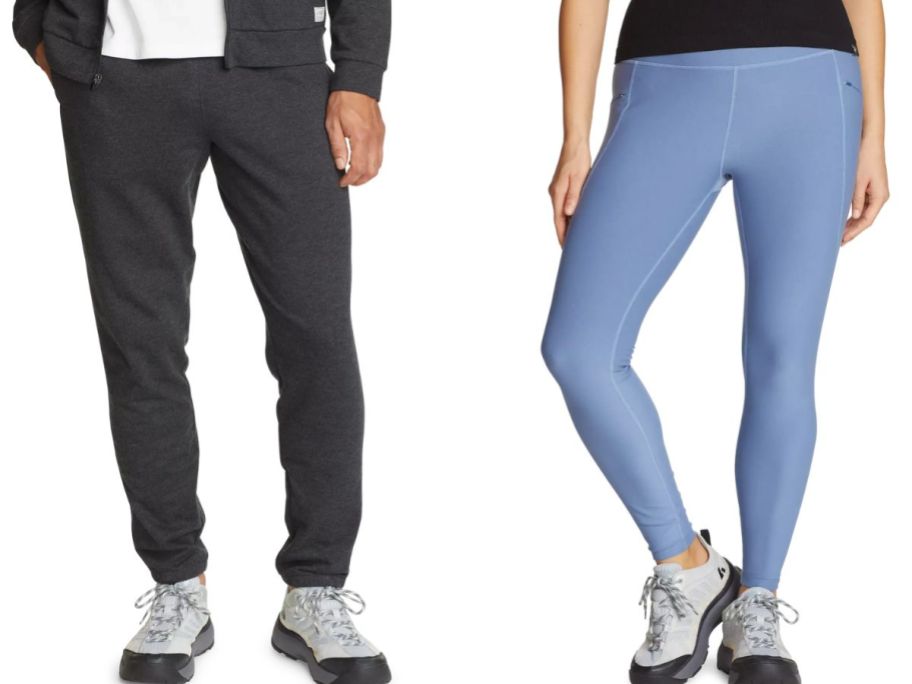 stock images of a man and a woman wearing eddie bauer pants