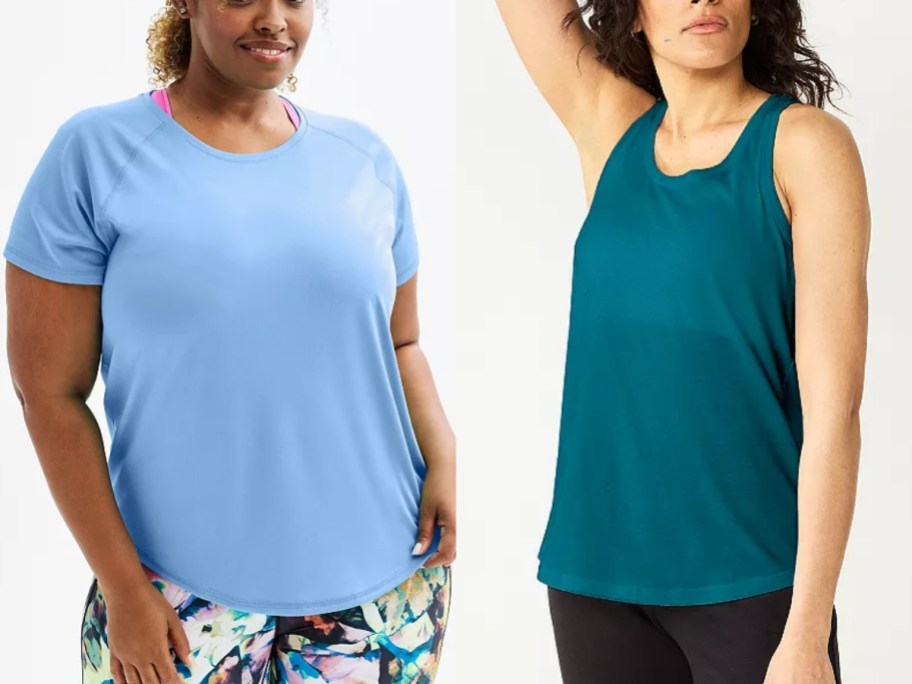 a woman wearing a blue tshirt and colorful leggings and a woman wearing a teal blue green tank top and black leggings