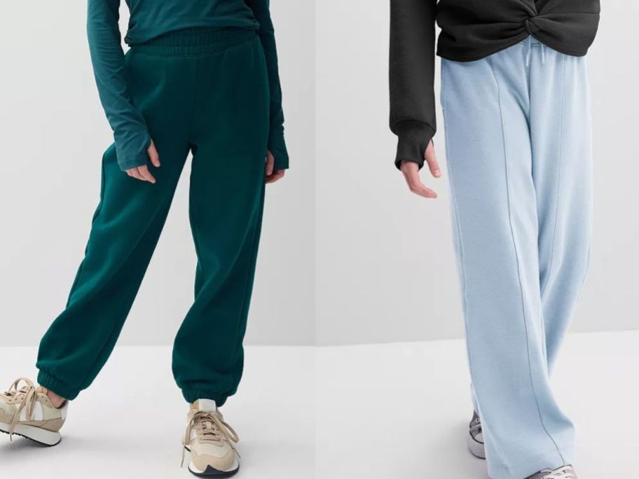 Stock images of two girls wearing tech gear sweatpants