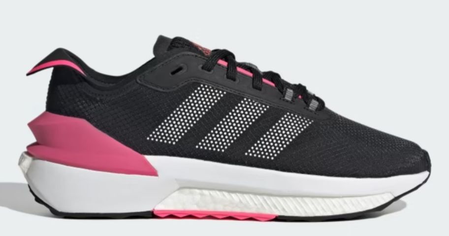 black, pink and white women's adidas shoe