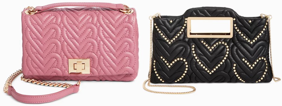 pink and black quilted heart print purses