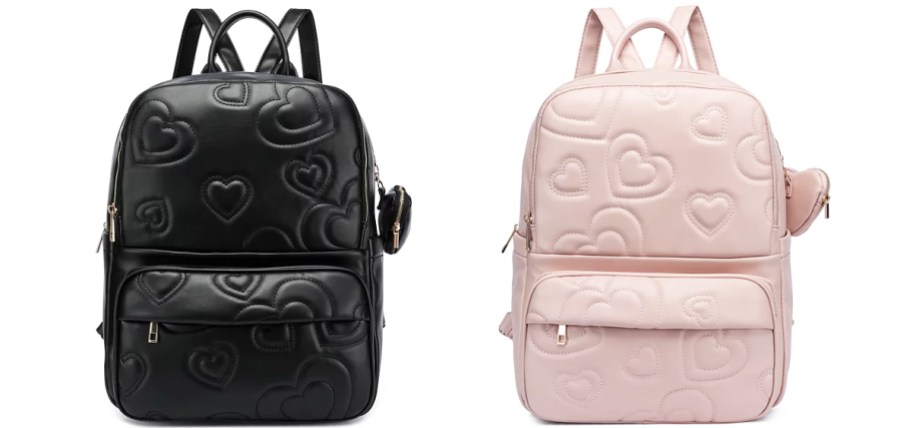 black and light pink quilted heart backpacks