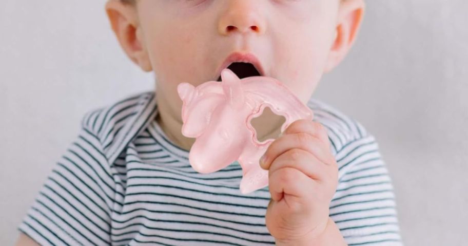 A baby holding a teething toy