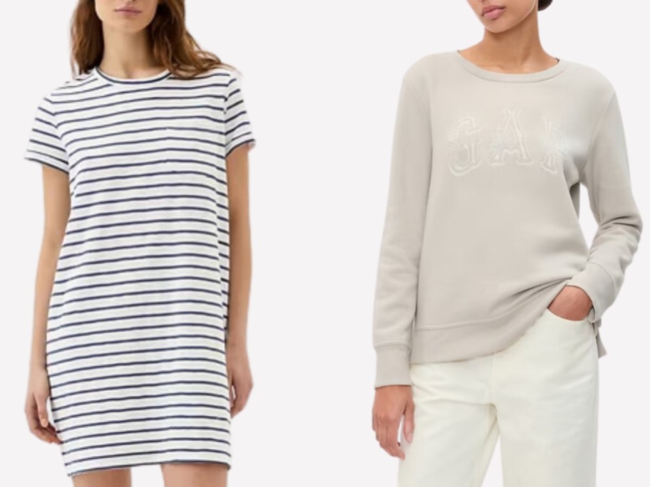 woman wearing a black and white striped tshirt dress and woman wearing a cream GAP logo sweatshirt and pants