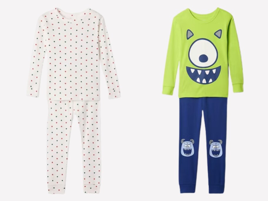 kids long sleeve and pants pajama sets - one is cream with hearts and one is green and blue with a Monster on it