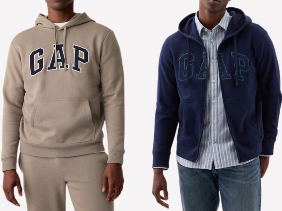 a man wearing a tan GAP logo hoodie and a man wearing a blue zip up GAP logo hoodie