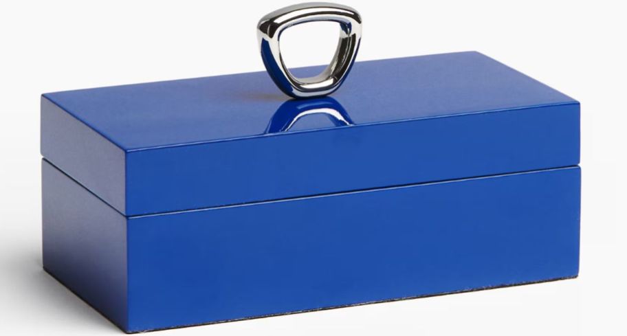 blue rectangle storage box with silver knob