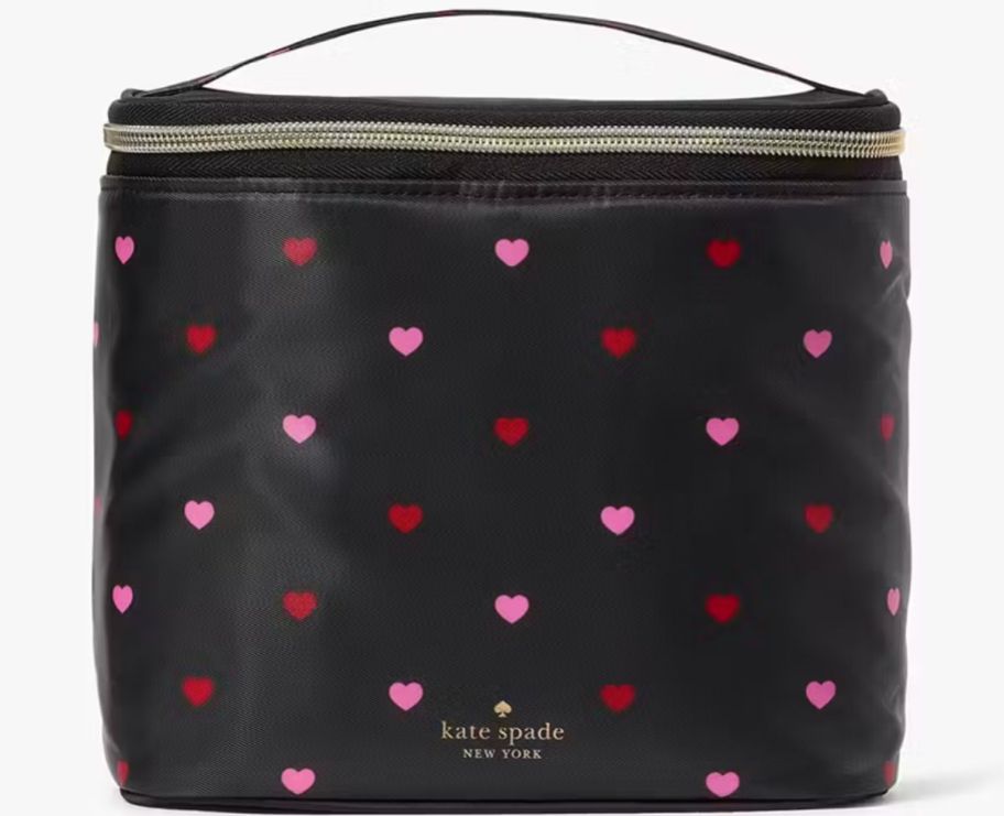 a black heart studded zip around lunch tote