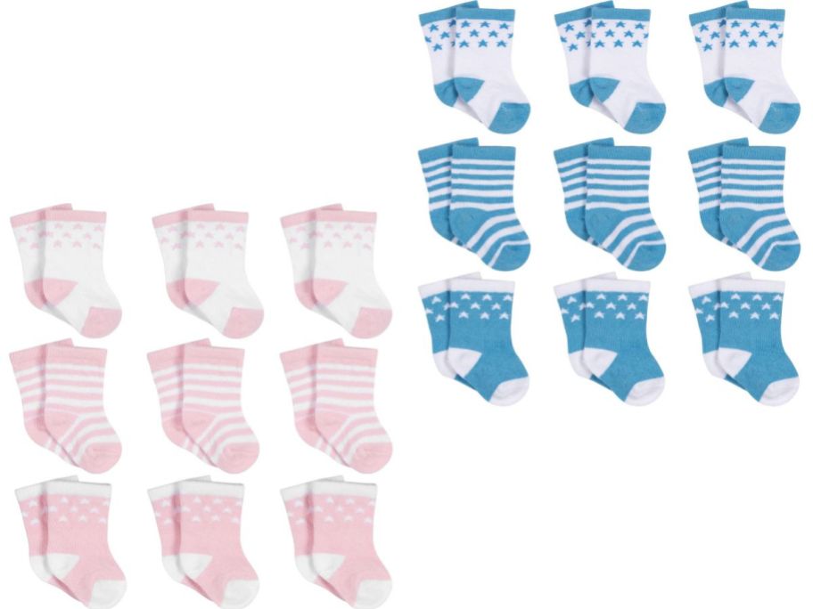 Stock images of two 9-packs of Gerber baby socks