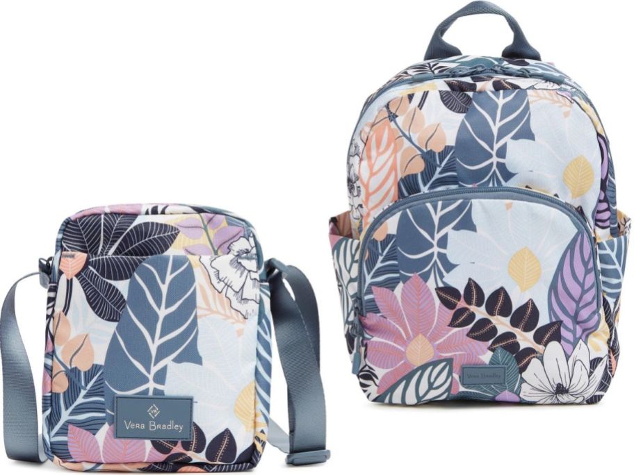 Stock images of a Vera Bradley crossbody bag and backpac in Palm Floral print