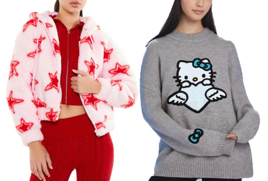 two women wearing star jacket and hello kitty sweater 