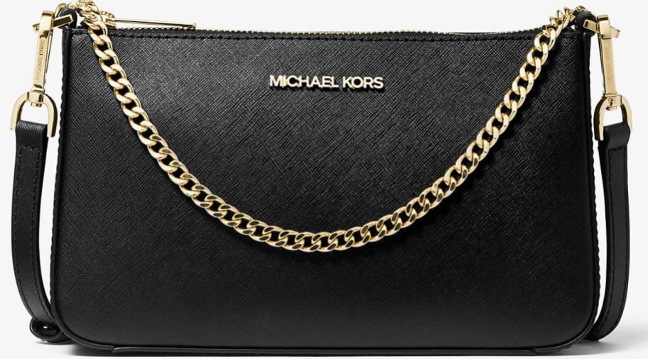 a medium black leather crossbody handbag with a chain strap.