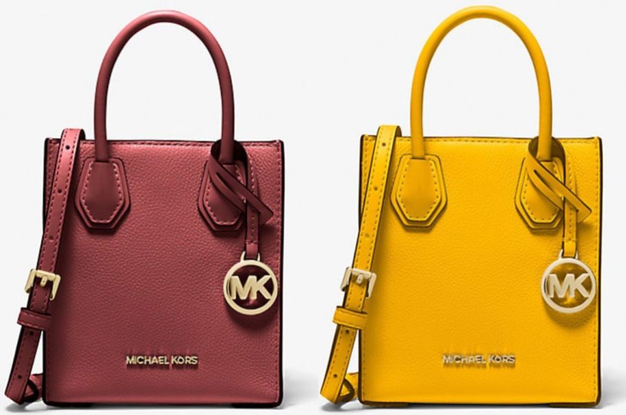 Stock images of two Michael Kors Mercer Extra-Small Pebbled Leather Crossbody Bags