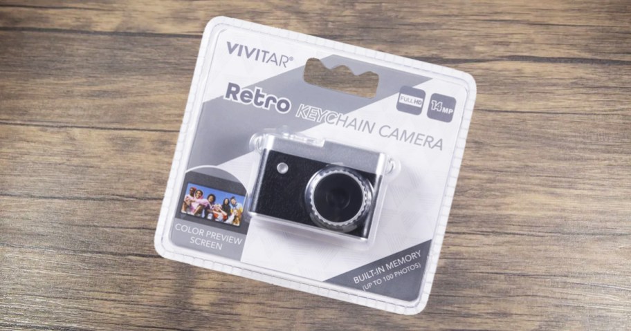 Vivitar Camera Keychain package on wood table