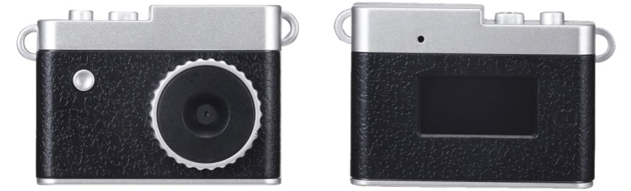 front and back views of black mini digital camera keychain