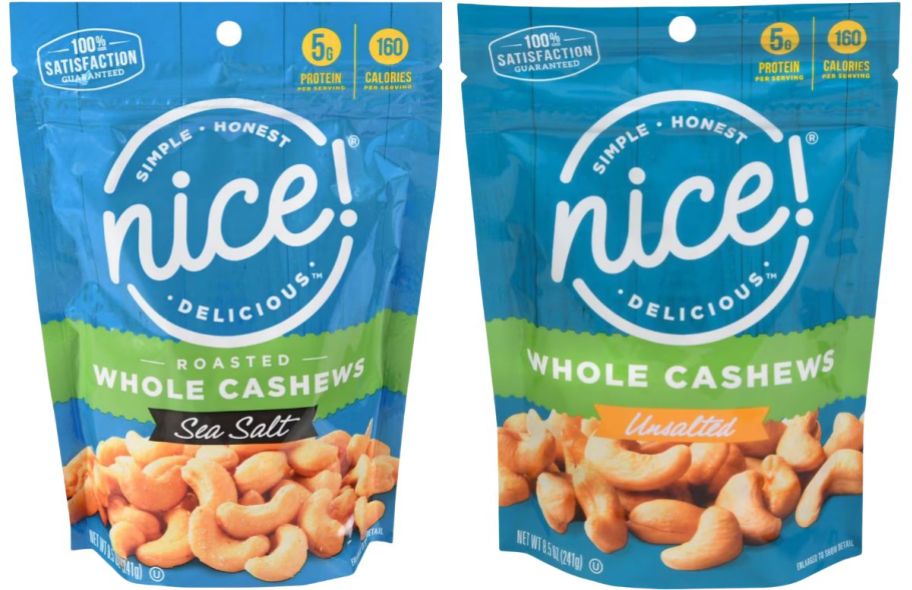 two bags of Nice brand cashews stock images