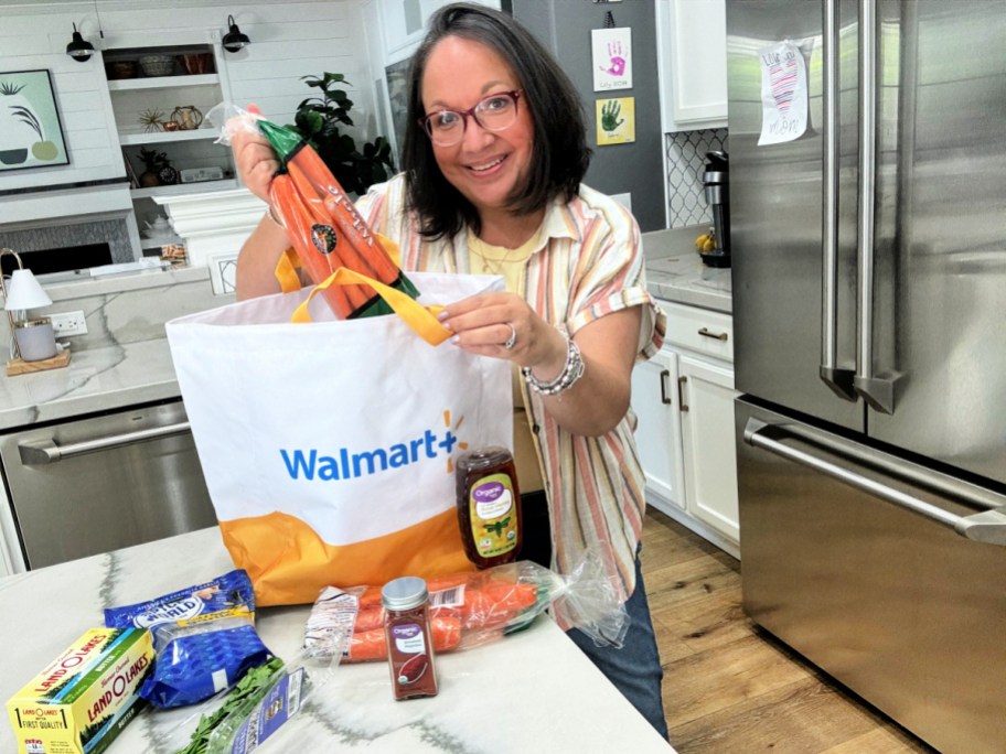 unloading walmart plus groceries from a tote