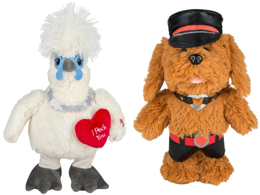 Way to Celebrate Valentine's Day Animated Lil Side Stepper Silkie Chicken Plush and Lil Side Stepper Golden Doodle