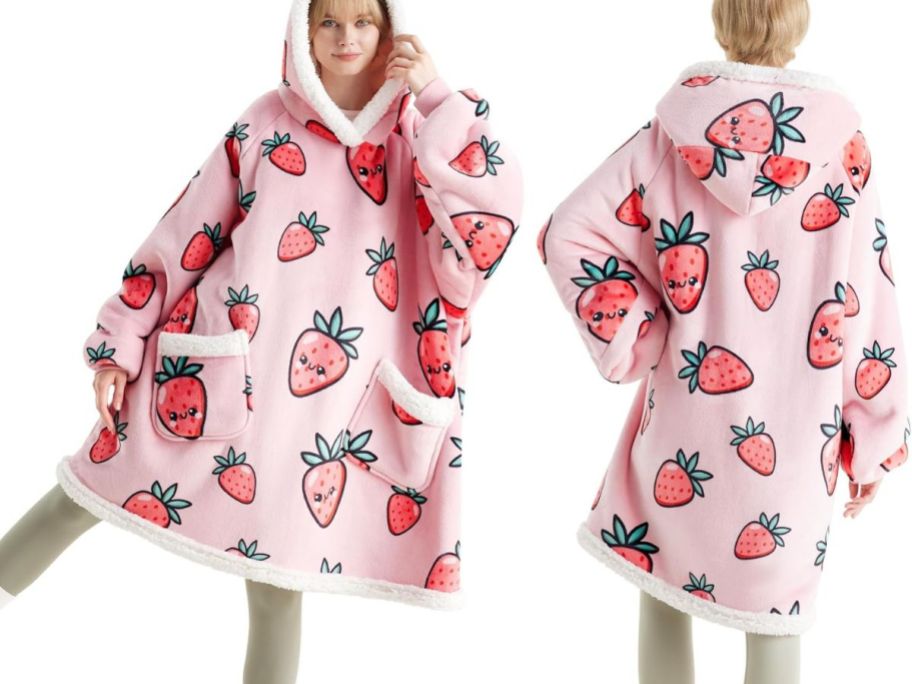 woman wearing Bedsure Wearable Blanket Hoodie in Strawberry 