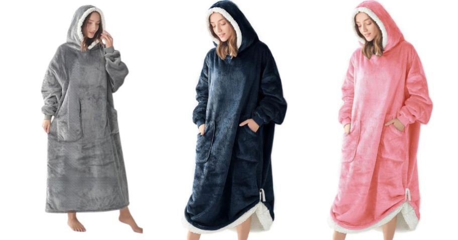 women wearing gray, blue and pink wearable blanket hoodies