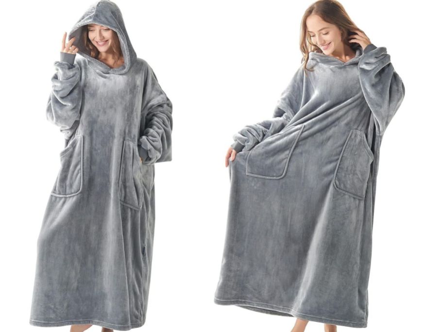 woman wearing gray wearable blanket hoodie