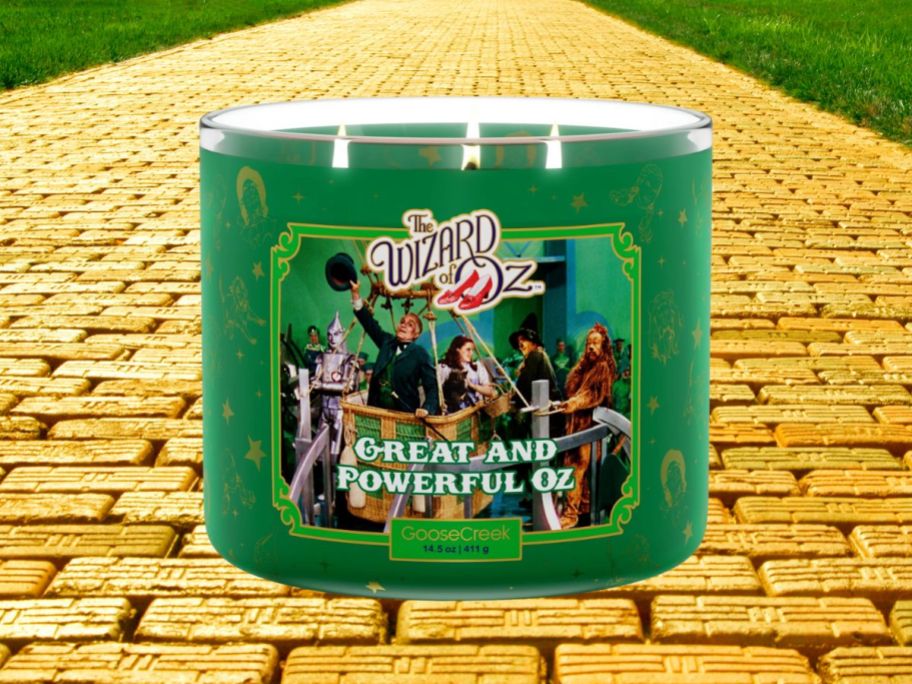 Goose Creek Great & Powerful Oz Wizard of Oz 3-Wick Candle on yellow brick road