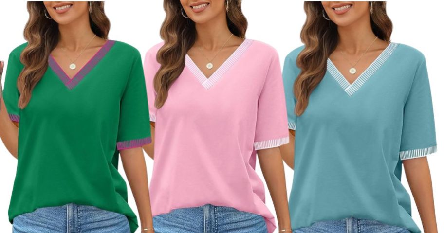 three women wearing MEROKEETY Women's Short Sleeve V-Neck Casual Tees