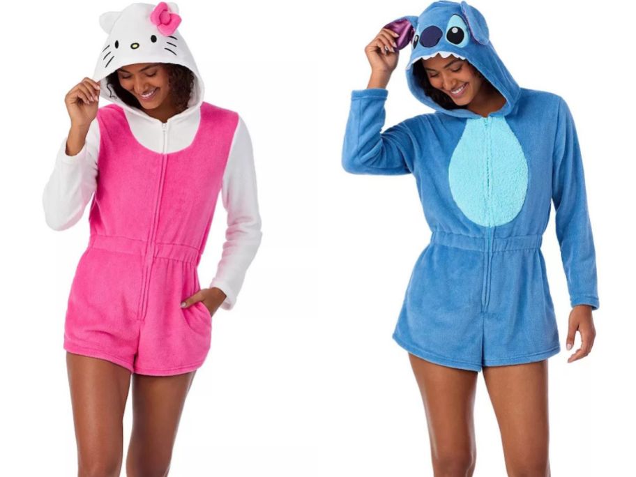 Stock images of women wearing Hello Kitty and Disney Stitch Rompers