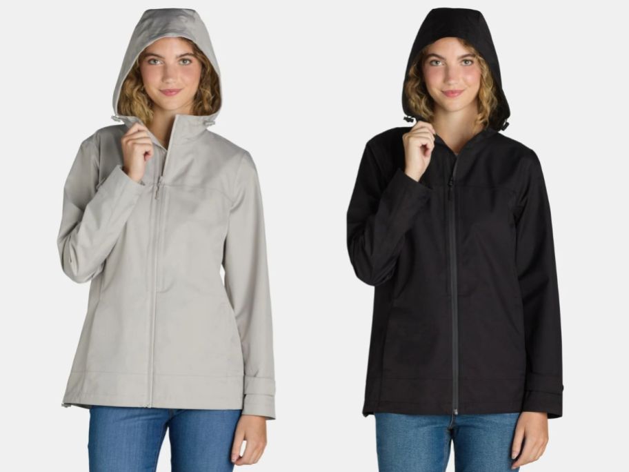 two women wearing Time and Tru Women's Waterproof Rain Jacket w/ Hood