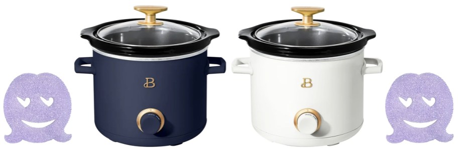 navy blue and white mini slow cookers with purple scrub daddy sponges