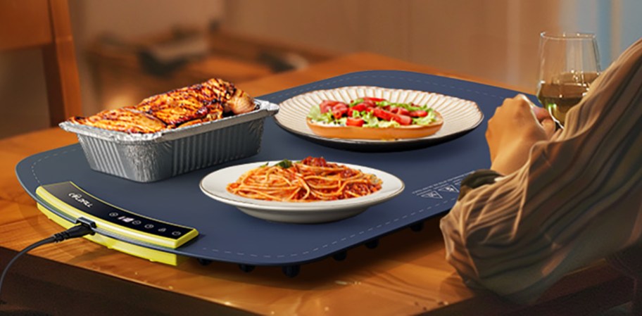 Food sitting on a coldfill warming tray on a table.