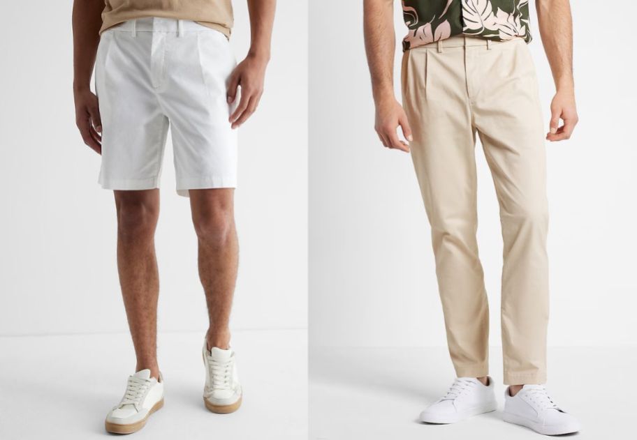 a male model wearing a pair of white shorts shown with a male model wearing a pair of khaki pleated pants