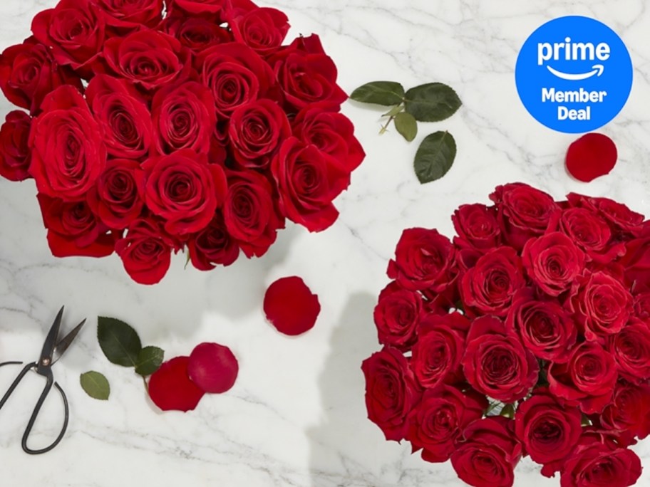 bunches of red roses sitting on marble counter