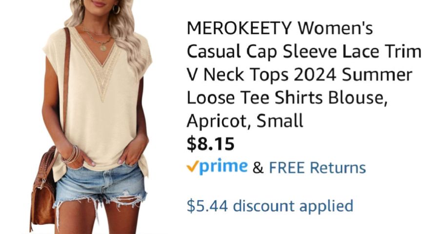 woman wearing sleeveless shirt next to Amazon pricing information