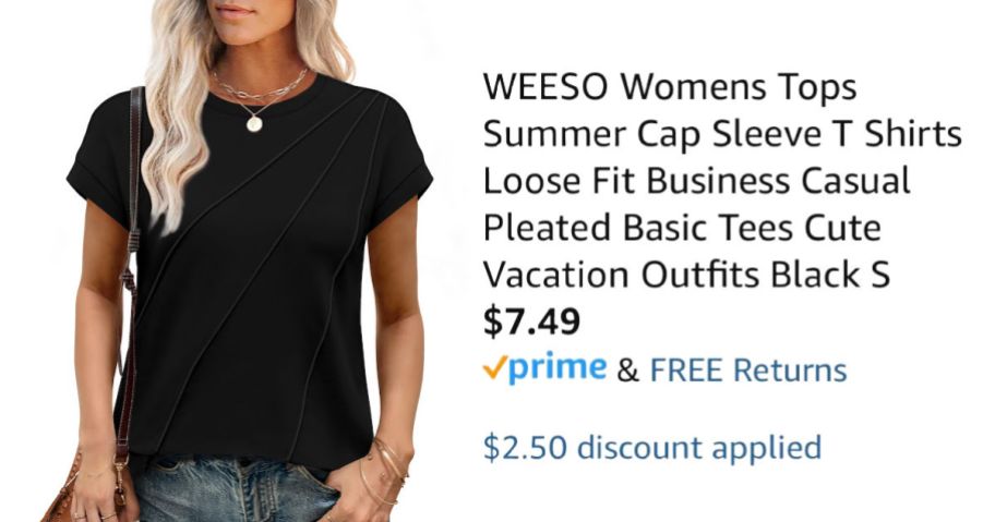 woman wearing black shirt next to Amazon pricing information