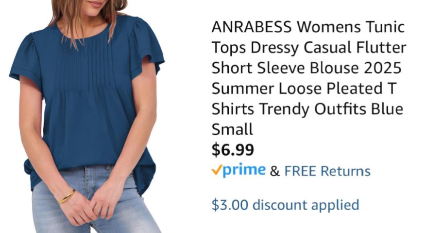 woman wearing blue shirt next to Amazon pricing information