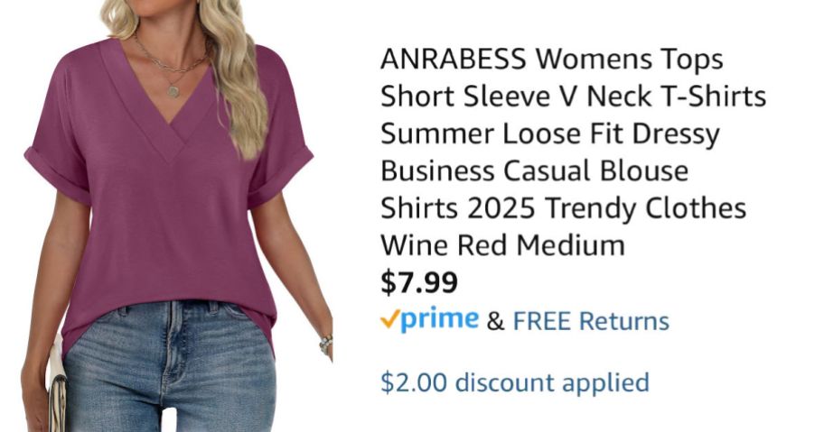 woman wearing purple shirt next to Amazon pricing information