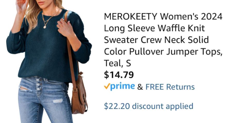 woman wearing teal sweater next to Amazon pricing information