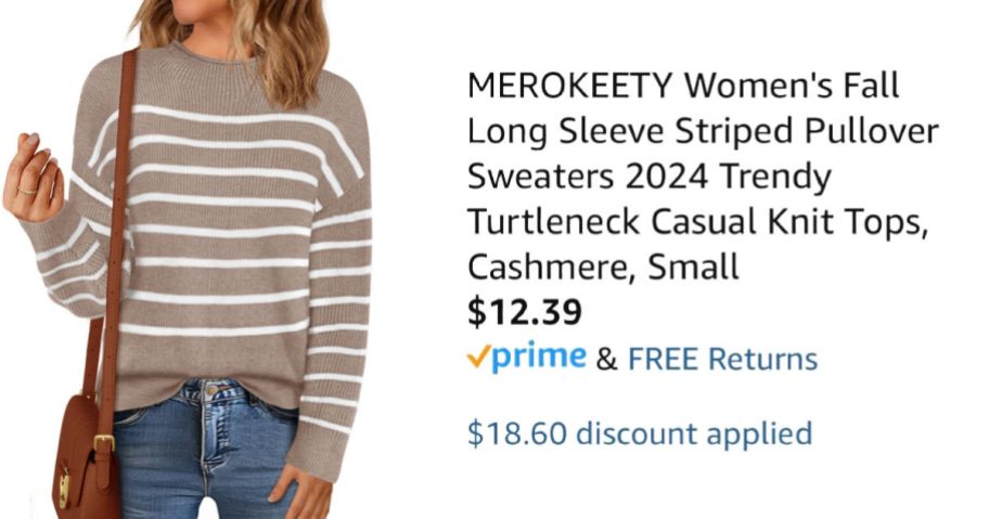 woman wearing striped sweater next to Amazon pricing information