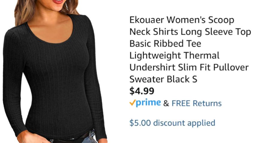 woman wearing black shirt next to Amazon pricing information