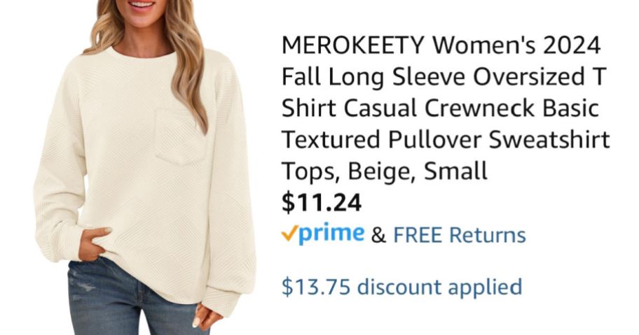 woman wearing textured sweatshirt next to Amazon pricing information